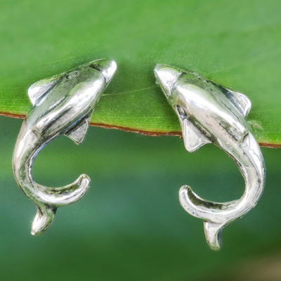 Sterling silver drop earrings, Swimming Dolphins