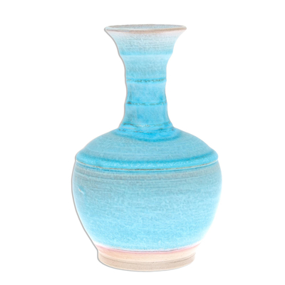 Ceramic vase, 'Sky Flute' - Fluted Ceramic Vase in Blue from Thailand