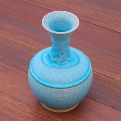 Jarrón de ceramica - Jarrón de cerámica estriado en azul de Tailandia