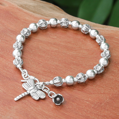Silver beaded bracelet, Flower Dragonfly