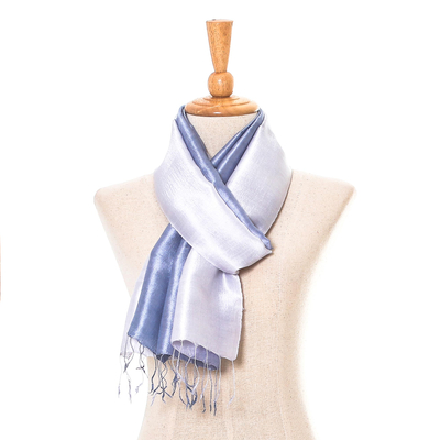 Silk scarf, 'Silvery Glow' - Ombre Grey Silk Scarf with Fringe from Thailand