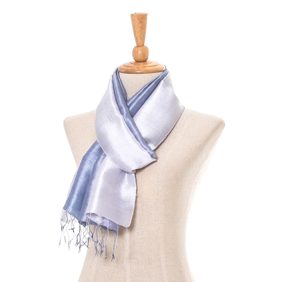 Silk scarf, 'Silvery Glow' - Ombre Grey Silk Scarf with Fringe from Thailand