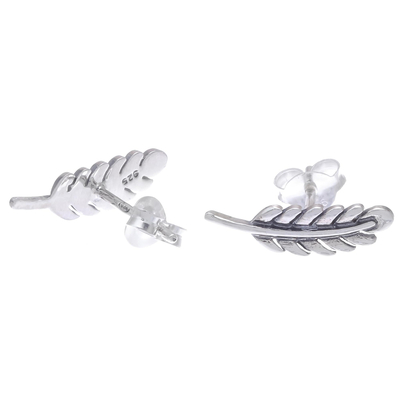 Sterling silver button earrings, 'Adorable Leaves' - Leafy Sterling Silver Button Earrings from Thailand