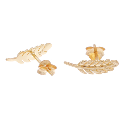 Gold plated sterling silver button earrings, 'Adorable Leaves' - Leaf 18k Gold Plated Sterling Silver Button Earrings