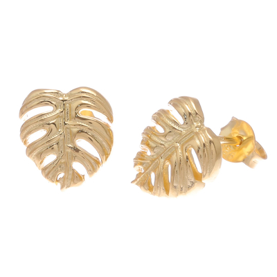 Gold plated sterling silver stud earrings, 'Tropical Leaf' - Handcrafted Thai 18k Gold Plated Leaf Stud Earrings
