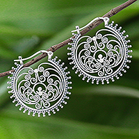 Sterling silver hoop earrings, 'Beatific Spirals' - Spiral pattern Sterling Silver Hoop Earrings from Thailand