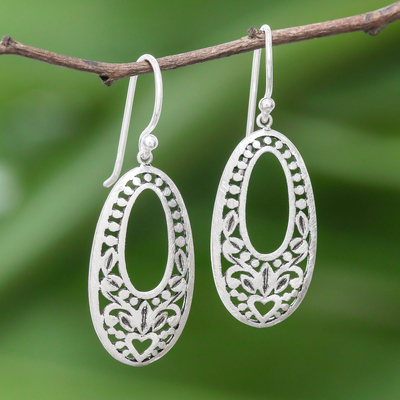 Sterling silver dangle earrings, 'Oval Love' - Openwork Oval Sterling Silver Dangle Earrings from Thailand