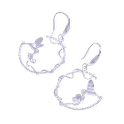 Sterling silver dangle earrings, 'Hummingbird Loops' - Hummingbird-Themed Sterling Silver Dangle Earrings