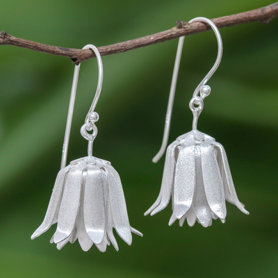 Sterling silver dangle earrings, 'Shy Lotus' - Handcrafted Thai Sterling Silver Floral  Earrings