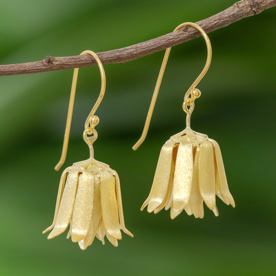 Gold plated sterling silver dangle earrings, 'Shy Lotus' - Handcrafted Thai Gold Plated Silver Floral  Earrings