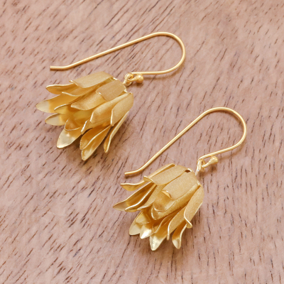 Gold plated sterling silver dangle earrings, 'Shy Lotus' - Handcrafted Thai Gold Plated Silver Floral  Earrings