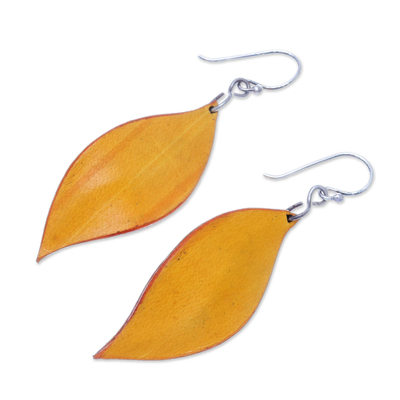 Leather dangle earrings, 'Fanciful Leaves in Yellow' - Leaf-Shaped Leather Dangle Earrings in Yellow from Thailand
