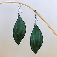 Leather dangle earrings, 'Fanciful Leaves in Green' - Leaf-Shaped Leather Dangle Earrings in Green from Thailand