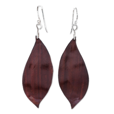 Leather dangle earrings, 'Fanciful Leaves in Brown' - Leaf-Shaped Leather Dangle Earrings in Brown from Thailand
