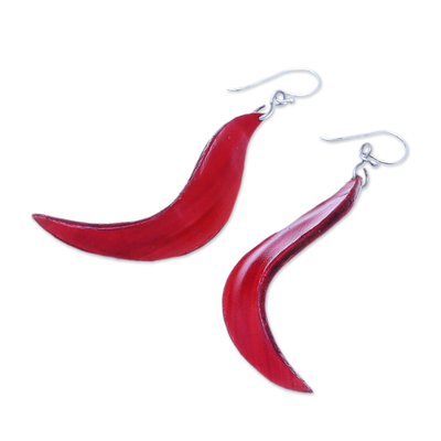 Leather dangle earrings, 'Lithe Leaves in Red' - Wavy Leather Dangle Earrings in Red from Thailand