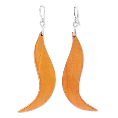 Leather dangle earrings, 'Lithe Leaves in Yellow' - Wavy Leather Dangle Earrings in Yellow from Thailand