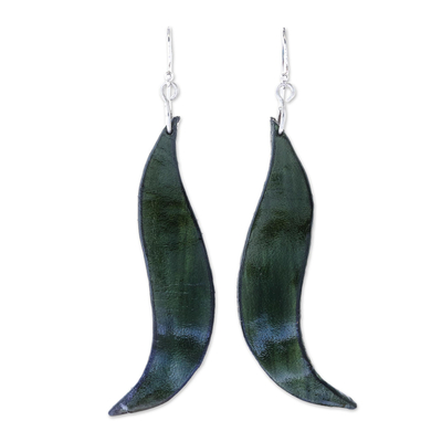 Leather dangle earrings, 'Lithe Leaves in Green' - Wavy Leather Dangle Earrings in Green from Thailand