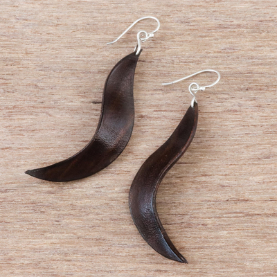 Leather dangle earrings, 'Lithe Leaves in Brown' - Wavy Leather Dangle Earrings in Brown from Thailand