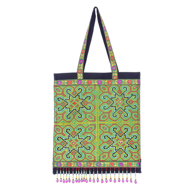 Cotton blend tote, 'Hmong Intricacy' - Hmong Cross-Stitched Cotton Blend Tote from Thailand
