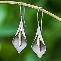 Gold accented rhodium plated sterling silver drop earrings, 'Dark Lily' - Handmade Gold Accent Rhodium Plated Sterling Silver Earrings