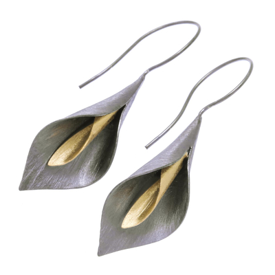 Gold accented rhodium plated sterling silver drop earrings, 'Dark Lily' - Handmade Gold Accent Rhodium Plated Sterling Silver Earrings