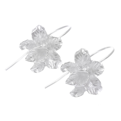 Sterling silver drop earrings, 'Orchid Blossom' - Thai Artisan Handmade Orchid Earrings in Sterling Silver