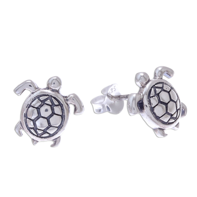 Sterling silver stud earrings, 'Tiny Turtles' - Thai Artisan Handcrafted Sterling Silver Turtle Earrings