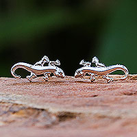Pendientes de botón de plata esterlina, 'Sleek Salamander' - Pendientes de botón de plata 925 Salamander hechos a mano en Tailandia