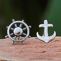 Sterling silver button earrings, 'Setting Sail' - 925 Silver Nautical Stud Earrings Handcrafted in Thailand