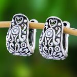 Sterling silver hoop earrings, 'Vintage Garden' - Floral Sterling Silver Hoop Earrings from Thailand