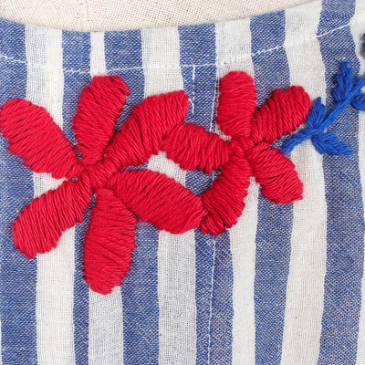Lange Tunika aus Baumwolle - Lange Tunika aus gestreifter Baumwolle mit Blumenstickerei