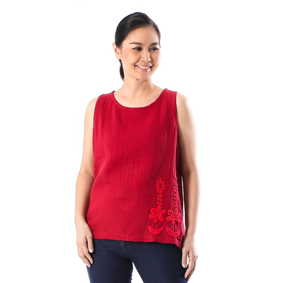 Camiseta sin mangas de algodón - Camiseta sin mangas de algodón con bordado floral en carmesí de Tailandia