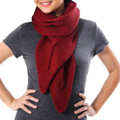 Cotton scarf, 'Ascot Charm in Claret' - Knit Cotton Wrap Scarf in Claret from Thailand