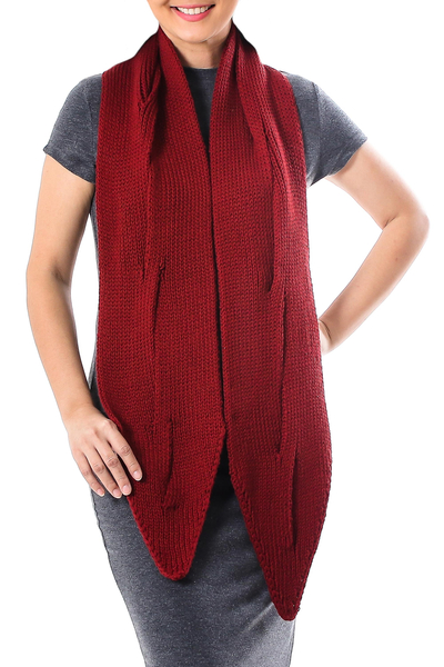 Cotton scarf, 'Ascot Charm in Claret' - Knit Cotton Wrap Scarf in Claret from Thailand