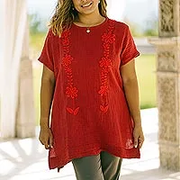 Cotton tunic, 'Crimson Bloom'