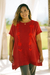 Cotton tunic, 'Crimson Bloom' - Floral Cotton Tunic in Crimson from Thailand thumbail