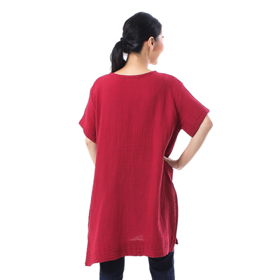 Cotton blouse, 'Crimson Bloom' - Floral Cotton Blouse in Crimson from Thailand