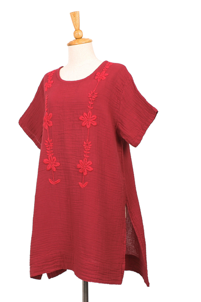 Cotton tunic, 'Crimson Bloom' - Floral Cotton Tunic in Crimson from Thailand