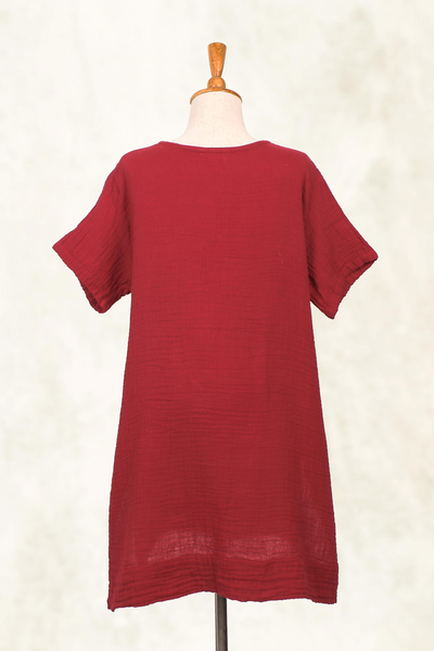 Cotton tunic, 'Crimson Bloom' - Floral Cotton Tunic in Crimson from Thailand