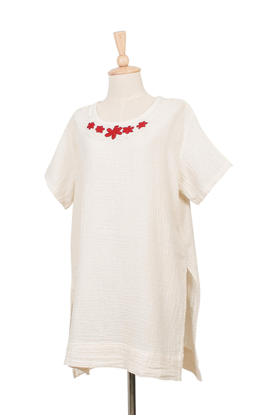 Cotton tunic, 'Posy Bliss in Alabaster' - Floral Cotton Tunic in Alabaster from Thailand