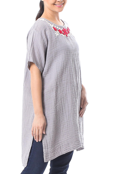 Cotton tunic, 'Posy Bliss in Ash' - Floral Cotton Tunic in Ash from Thailand