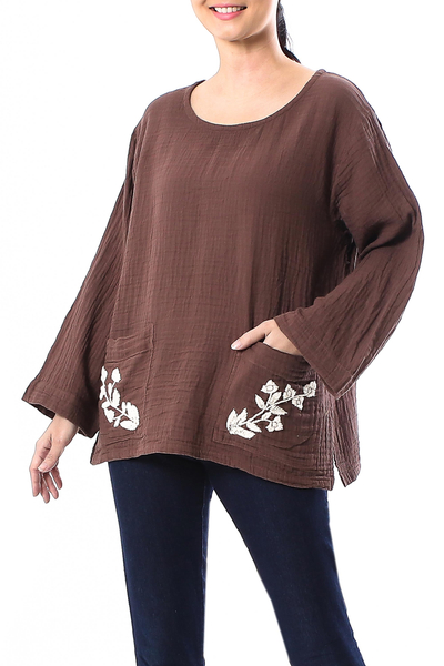 Cotton blouse, 'Lovely Bloom in Chestnut' - Floral Embroidered Cotton Blouse in Chestnut from Thailand