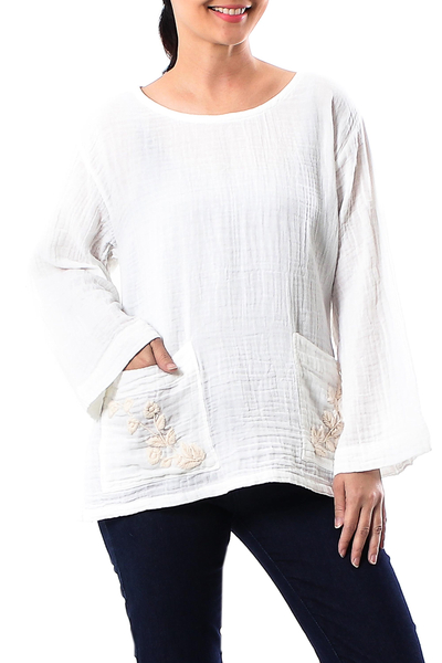 Cotton blouse, 'Lovely Bloom in Cool White' - Floral Embroidered Cotton Blouse in Cool White from Thailand
