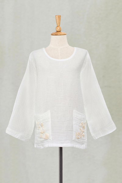 Cotton blouse, 'Lovely Bloom in Cool White' - Floral Embroidered Cotton Blouse in Cool White from Thailand