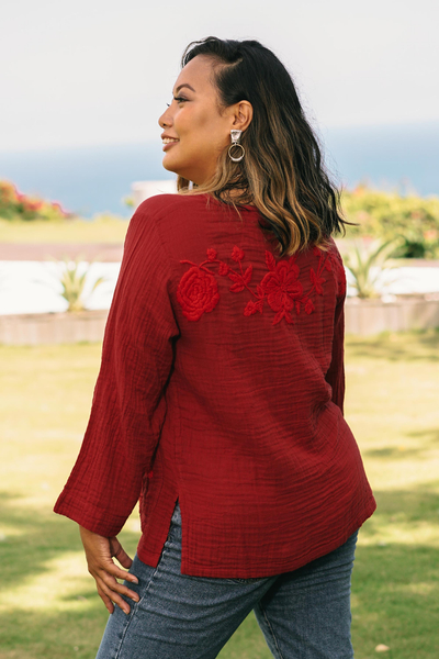 Cotton blouse, 'Lovely Bloom in Crimson' - Floral Embroidered Cotton Blouse in Crimson from Thailand