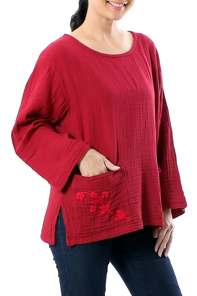 Cotton blouse, 'Lovely Bloom in Crimson' - Floral Embroidered Cotton Blouse in Crimson from Thailand