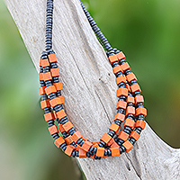 Wood beaded necklace, 'Orange Elegance Squared' - Orange and Black Boxwood Cube Beaded Necklace