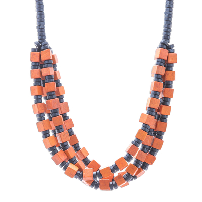 Orange and Black Boxwood Cube Beaded Necklace