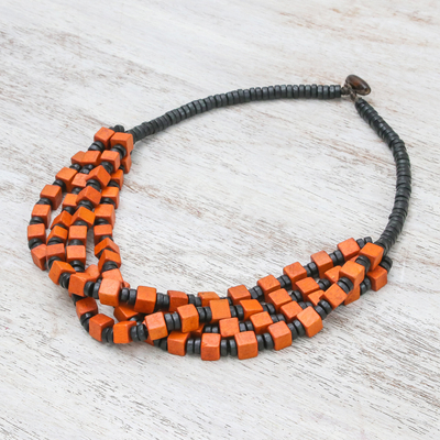 Wood beaded necklace, 'Orange Elegance Squared' - Orange and Black Boxwood Cube Beaded Torsade Necklace