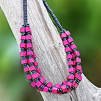 Pink and Black Boxwood Cube Beaded Necklace,'Pink Elegance Squared'